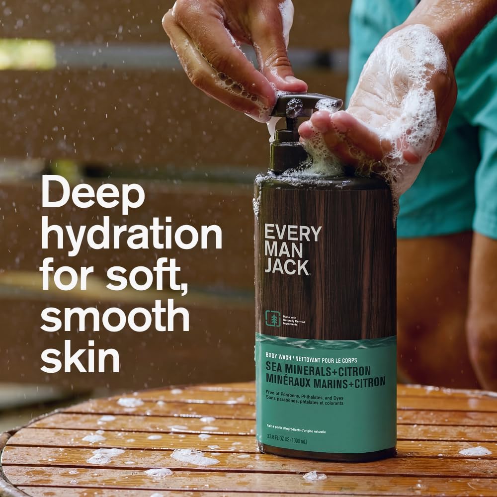 Every Man Jack Men’s Hydrating Body Wash for All Skin Types - Cleanse and Hydrate Skin with Naturally Derived Marine Extracts, Coconut Oil, and a Sea Minerals + Citron Scent - 33.8 fl. oz. - 2 Bottle