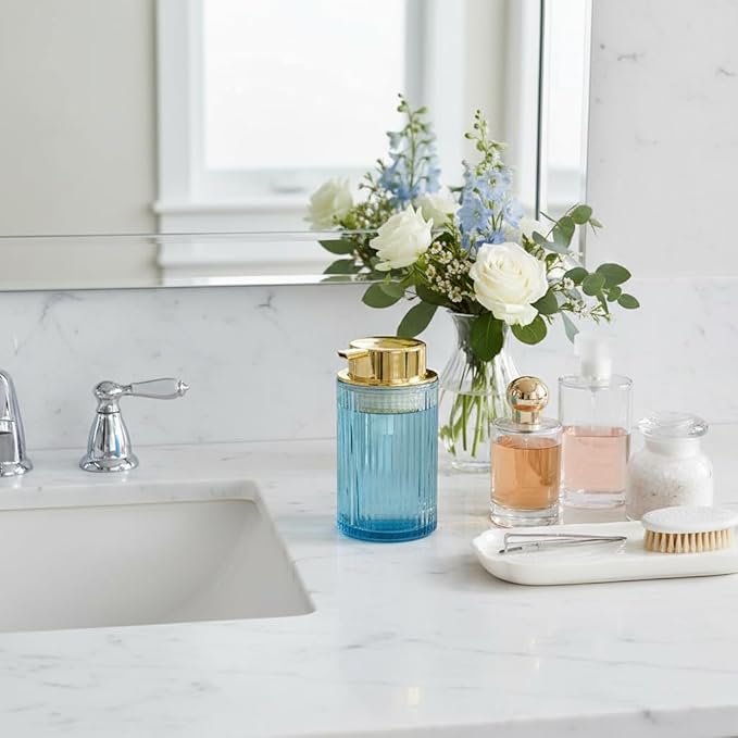 Tonxus Foaming Soap Dispenser, 12 Oz Blue Glass Foam Hand Soap Dispenser, Refillable Glass Foam Pump Bottle Container Decorative Slim Ribbed Bottle for Bathroom and Kitchen
