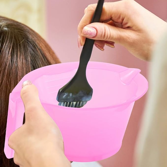 KALLORY 3PCS Hair Dye Bowl, Plastic Hair Color Mixing Bowls with Handle, Color Mixing Bowls for Professional Hairstylist, Stackable DIY Hair Coloring Mixing Tool for Salon Hairdressing (Pink)