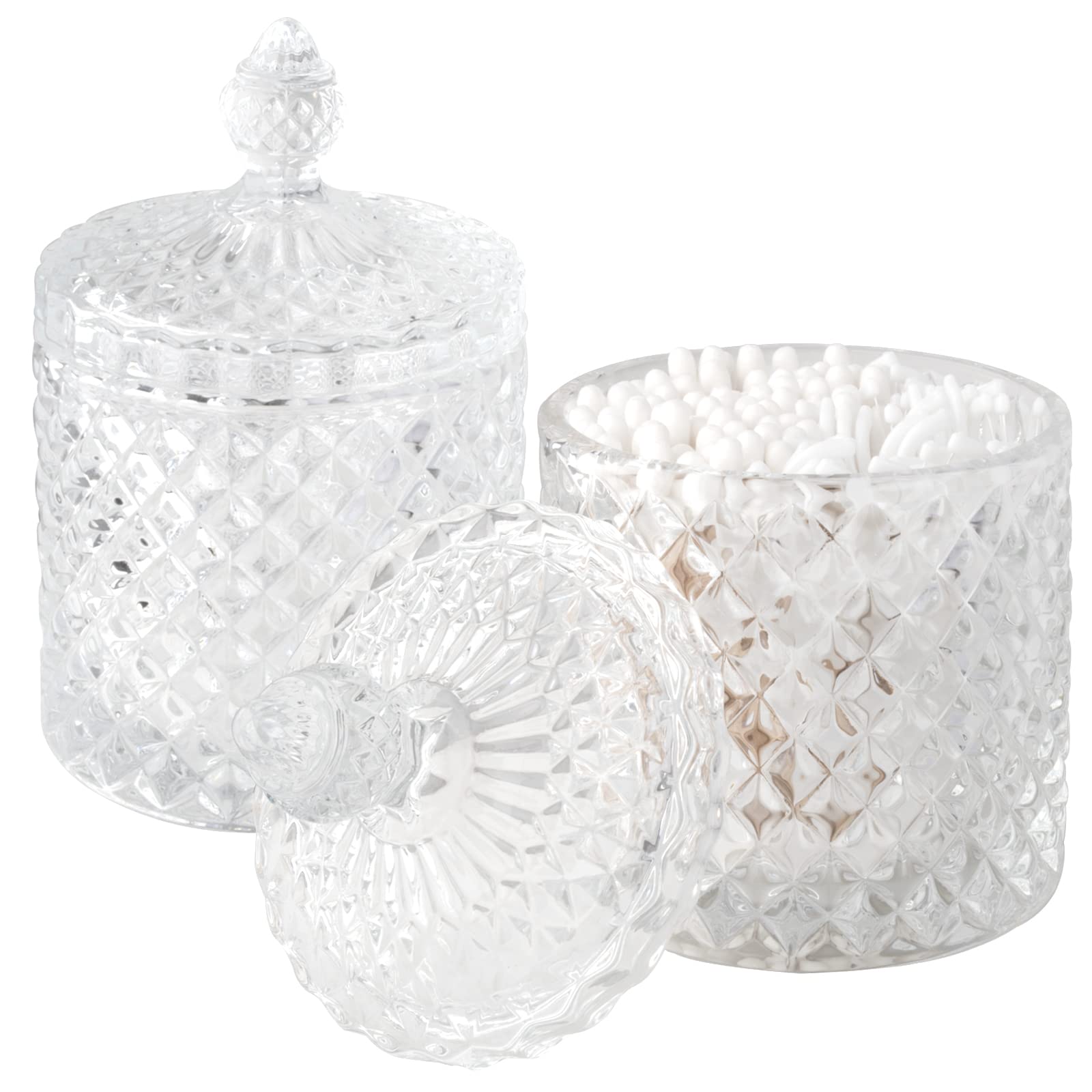 2 Pack Qtip Holder Thick Glass Apothecary Jars with Lid for Bathroom Decor Storage Organizer for Cotton Swabs, Balls, Pads, Floss Picks, Candy, Jewelry, Clear