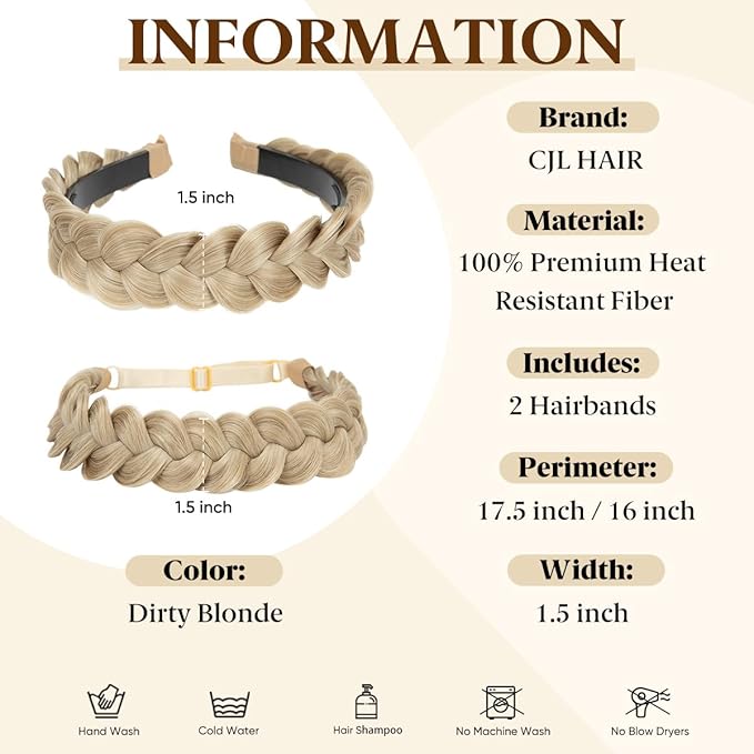 CJL HAIR 2PCs Braided Headbands Hair Piece for Women Synthetic Hair Hoops Head Bands Handmade Braid Hairband Accessories Elastic Stretch Headwrap Dirty Blonde
