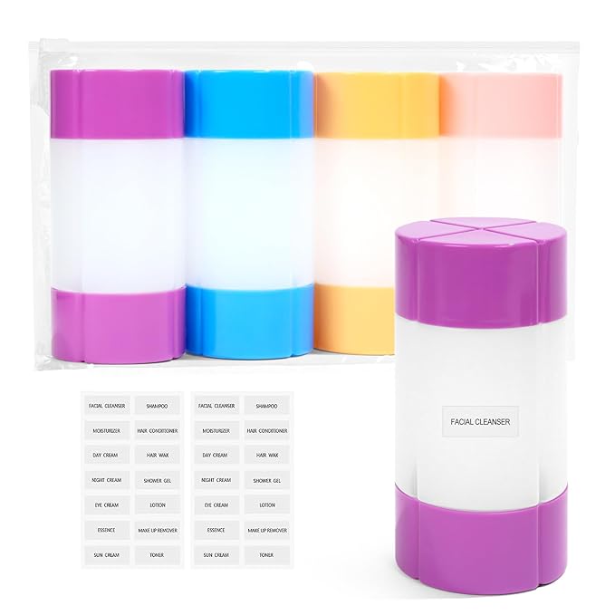 Travel Bottle, TSA approved 4-in-1 Leak-Proof Bottle, 4 * 60ml/2oz, with 2 Pre-printed Labels for Travel Gym Camping, Carry-On Travel Size Toiletries Shampoo Lotion Bottle(Pink+Orange+Blue+Purple)