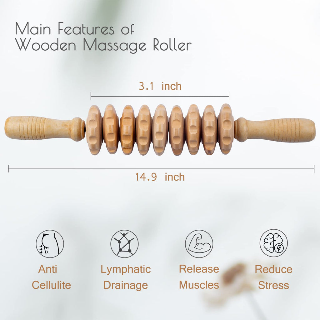 Wooden Massage Roller for Body Shaping, Wood Therapy Roller with 9 Rotating Rollers, Anti-Cellulite Body Sculpting Massage Tool for Muscle Relaxation