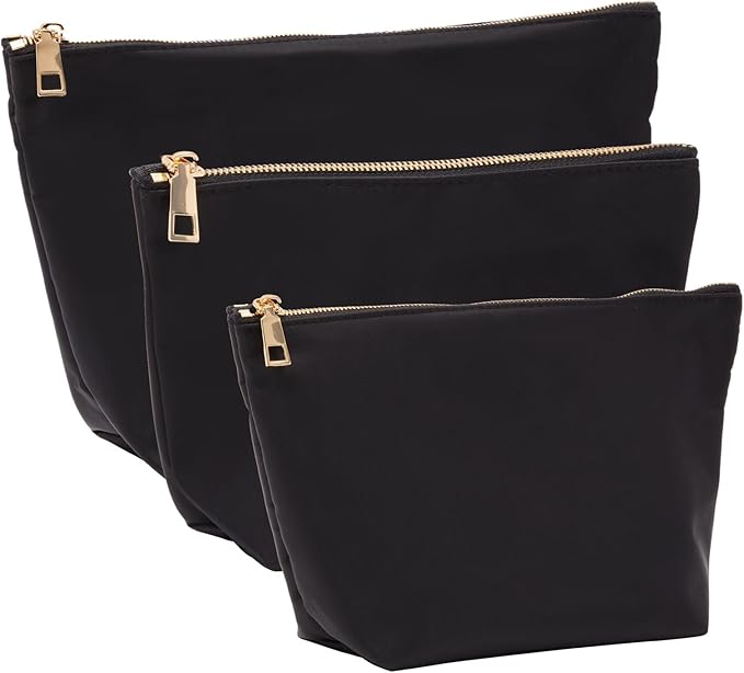 Glamlily 3 Piece Black Makeup Bag Set for Women, Nylon Zipper Cosmetic Pouch Organizers for Travel, Toiletries (3 Sizes)