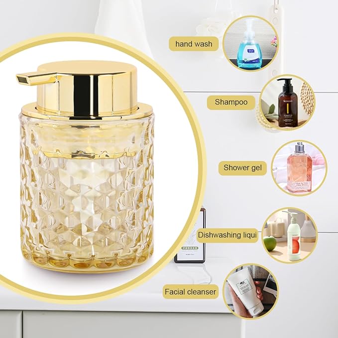 Fvstar 10 Oz Glass Hand Soap Dispenser with Pump, Refillable Bathroom Gold Foaming Soap Dispenser, Vintage Glass Diamond Lotion Container Bottle for Bathroom and Kitchen (1, Amber and Gold)