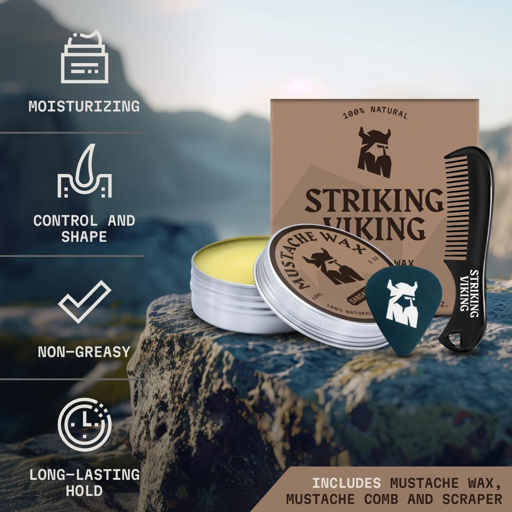 Striking Viking Mustache Wax Kit with Comb - 2 Oz, Sandalwood, Strong Hold
