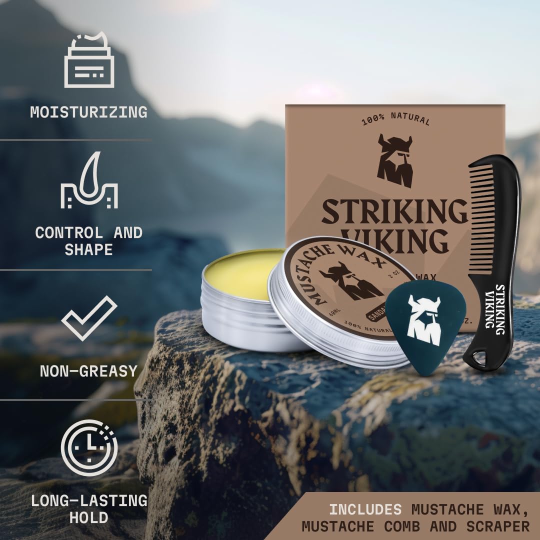 Striking Viking Mustache Wax Kit with Comb - 2 Oz, Sandalwood, Strong Hold