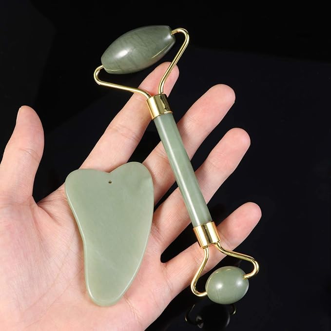 rosenice Jade Stone Gua Sha Facial Massage Tool Set Face Massager Roller and Scraping Plate for Neck Face and Daily Skin Care Routine Green Set 5.90 X 1.96 X 1.18 in