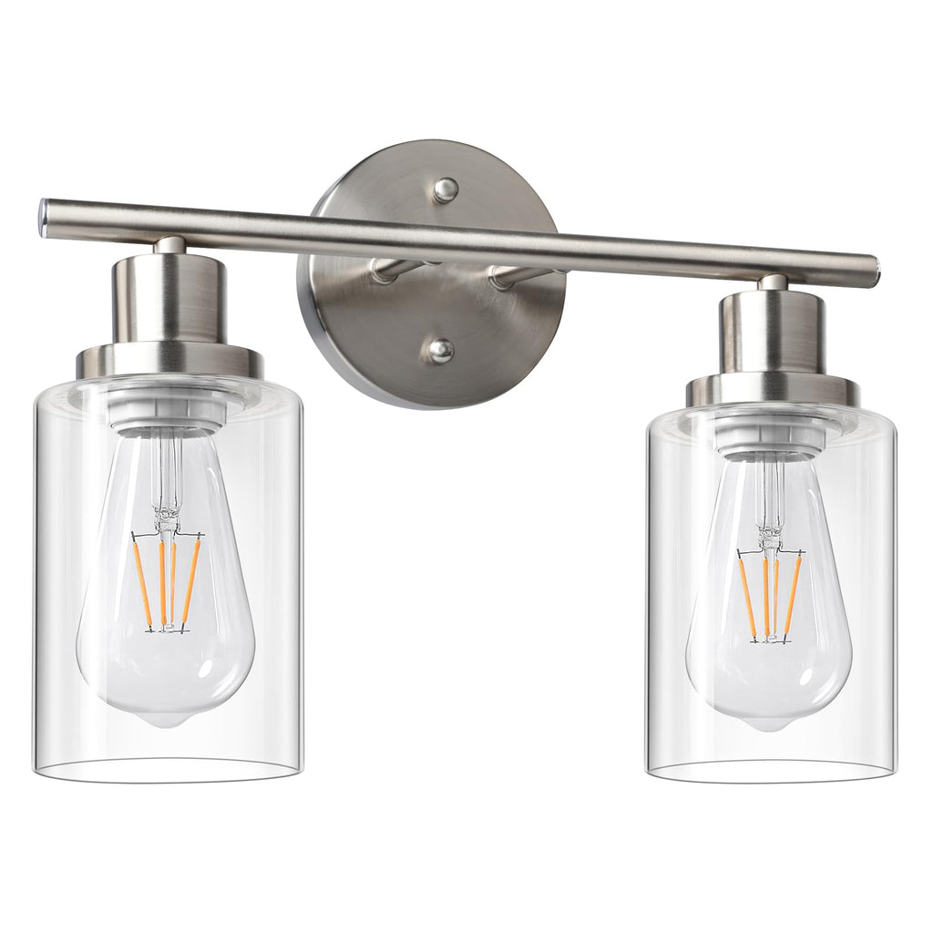 Unicozin 2 Light Vanity Lights, Brushed Nickel Wall Sconce Light with Clear Glass, Bathroom Light Fixtures, Wall Lights for Mirror, Living Room, Bedroom, Hallway, E26 Base (Bulbs Not Included)