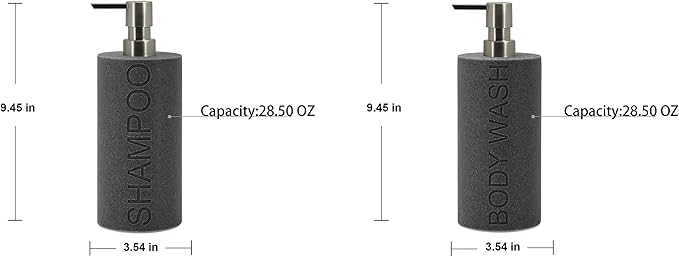 Indecor Home Resin 2 Pack Shampoo, Conditioner or Body Wash Dispenser Set, Luxurious Refillable Pump Bottles with Matte Pump Top and Embossed Text, Durable Design for Bathroom and Shower
