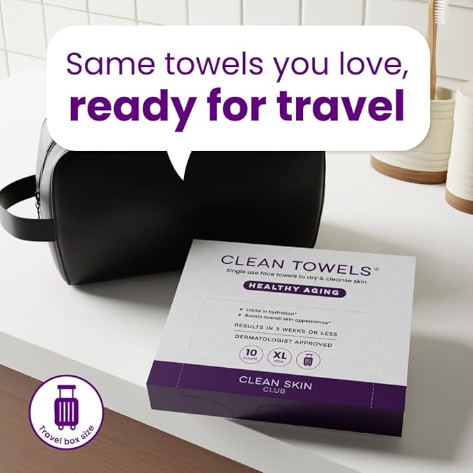 Clean Skin Club Healthy Aging Clean Towels® XL, Travel Pack, Smooths Fine Lines Wrinkles & Texture, Disposable Face Towels, Anti-Aging Dry Wipes, TSA-Approved Travel Essential, 10 Ct