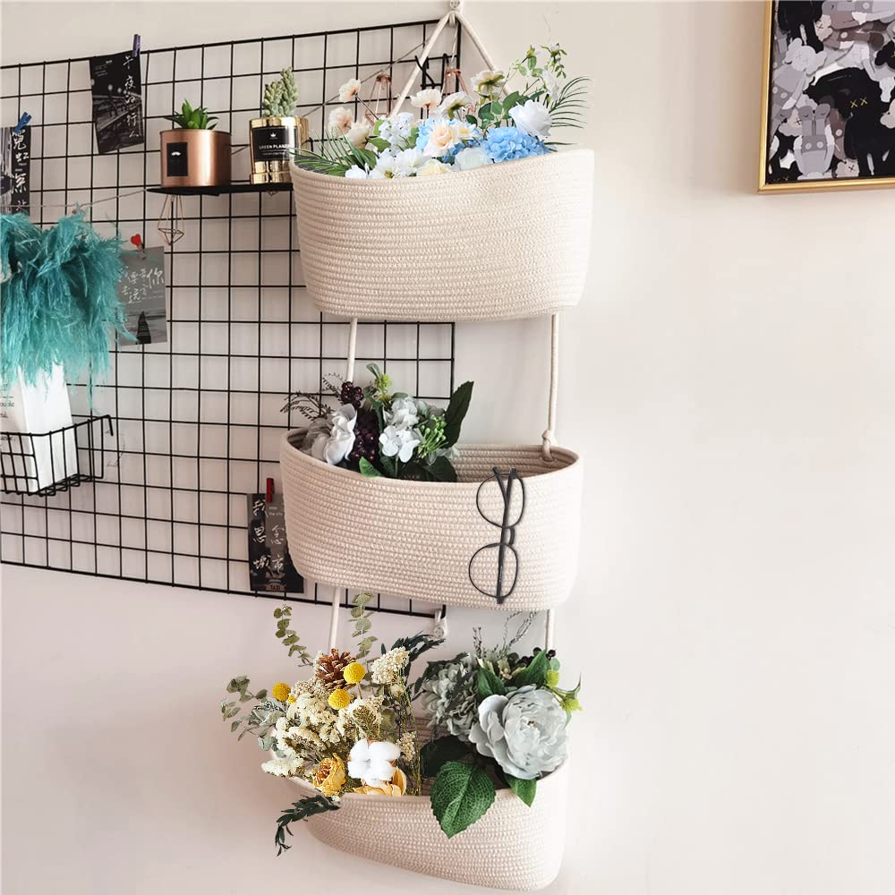 TeoKJ Over the Door Hanging Basket, 3-Tier Woven Cotton Wall-Mounted Storage Organizer Bag Decorative Hanging Nursery Baskets, White