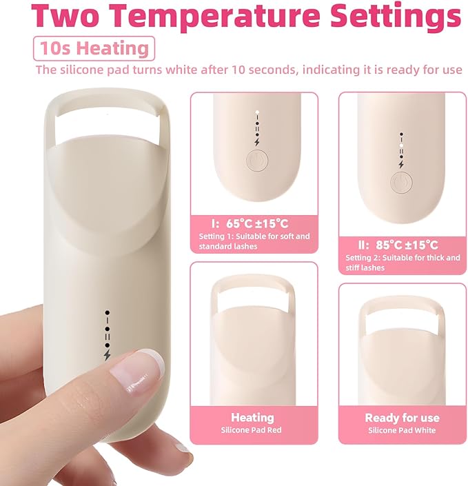 Heated Eyelash Curler, 10s Fast Heating Portable Electric Lash Curler, Type-C Rechargeable Travel Eye Lash Curlers with Anti-Scalding Silicone Pad, 2 Temp Modes & 24H Long Lasting Curves(Beige)