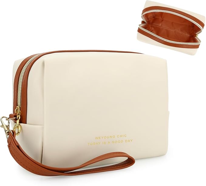 JINSI Small Makeup Bag Travel Cosmetic Bag Toiletry Zipper Pouch Make Up Organizer Bag with Handle Purse for Women Soft PU Leather Skincare Case (Beige)