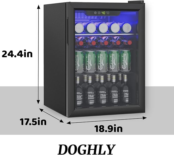 DOGHLY 2.6 Cu.ft Beverage Refrigerator Cooler, 95 Can Mini Fridge with Glass Reversible Door, Digital Temperature Display for Soda, Beer or Wine For Office or Bar with Adjustable Removable Shelves
