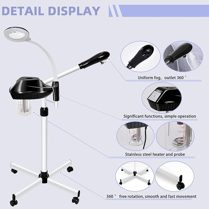 Takeashine Professional Facial Steamer, 2 in 1 Face Steamer on Wheels with 5X Magnifying Lamp for Deep Cleansing and Hydration, with Time Setting for Spa, Salon and Home Use