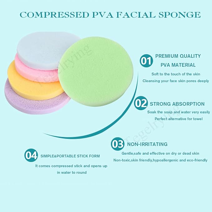Facial Sponge Compressed,120 Count PVA Professional Makeup Removal Round Face Wash Sponges Spa Pads Exfoliating Cleansing for Women,Yellow,Pink,Purple,Blue,Green
