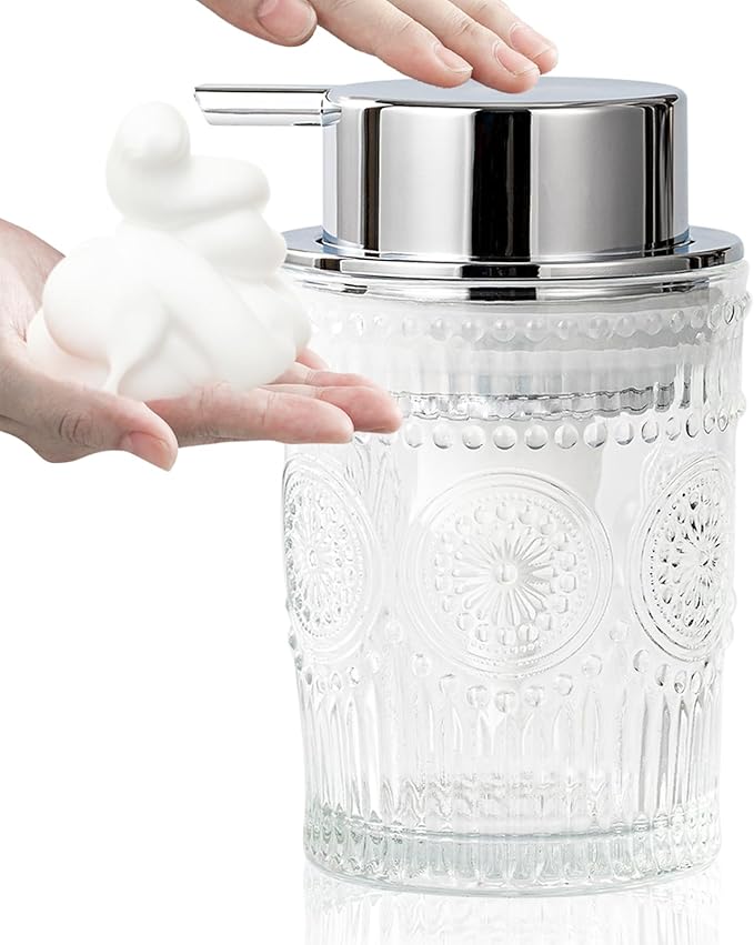 AZMOYAC Glass Foam Soap Dispenser, 7 Oz Face Wash Dispenser for Bathroom, Vintage Glass Clear Foaming Hand Soap Dispenser, Small Refillable Lotion Dish Dispenser for Kitchen