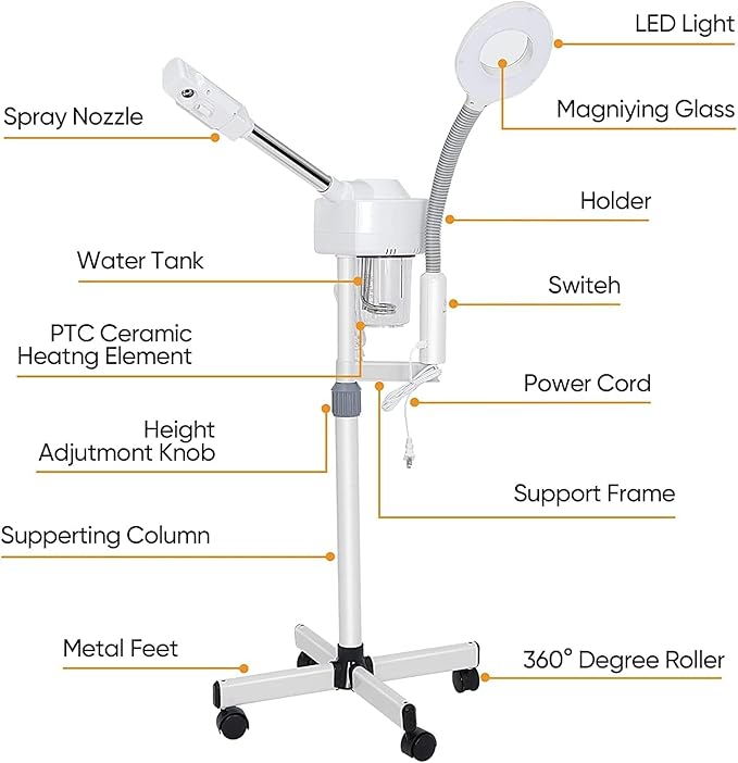 BBBuy 2 in 1 Facial Steamer Professional Nano Ionic Face Deep Cleansing Hydration with 5X Magnifying LED Lamp & Rolling Wheels, High Frequency, Portable Home Spa Salon Beauty Skin Care Equipment