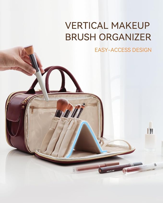 Prite Makeup Bag for Women, Large Capacity Waterproof Travel Cosmetic Organizer, Portable Open Flat Toiletry Bag with Free-standing Brush Holder and Handle (Burgundy Large)