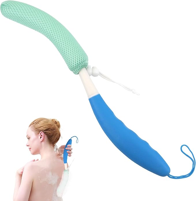 KkaFFe Back Scrubber for Shower，Mesh Sponge Body Shower Brush with Long Handle for Use in Shower Back Scrubber,Back Scrub for Exfoliating Body Scrubber (Blue and Green)