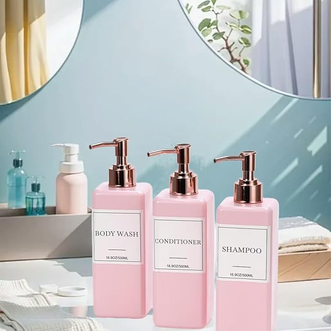 Shampoo and Conditioner Dispenser for Shower, Refillable Shampoo and Conditioner Bottles Body Wash Dispenser with Waterproof Labels, 3PCS Soap Dispenser Bathroom Pink Rose Gold Empty Pump Bottle