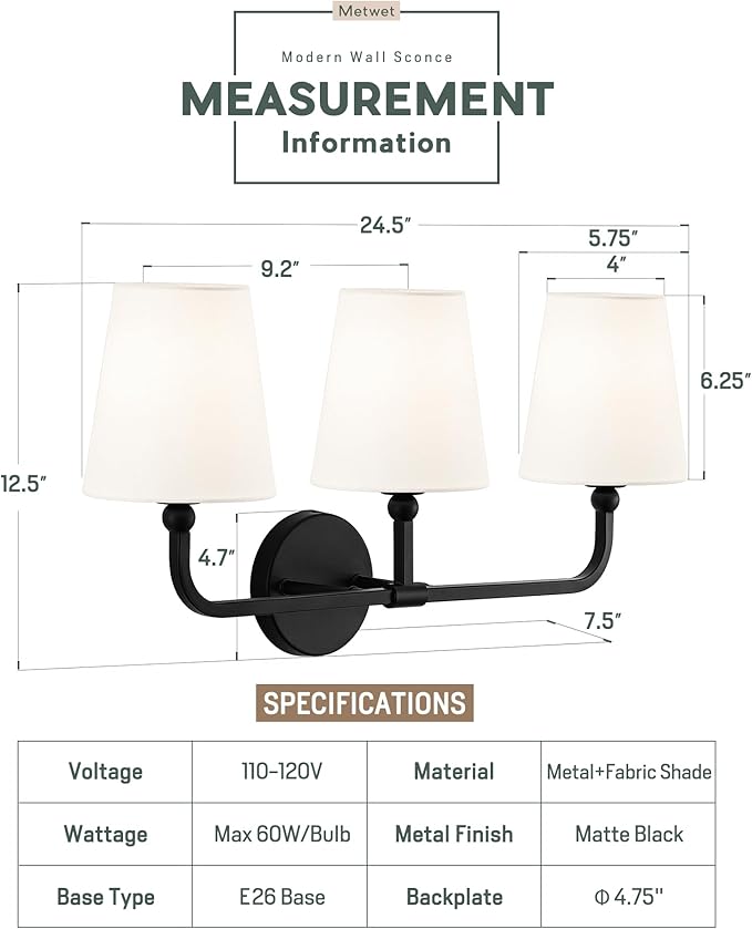 Bathroom Light Fixtures, Matte Black Vanity Lights with Flared White Fabric Shade, 3 Light Wall Sconce, Modern Sconces Wall Lighting for Hallway Bedroom, VL837-MB-3