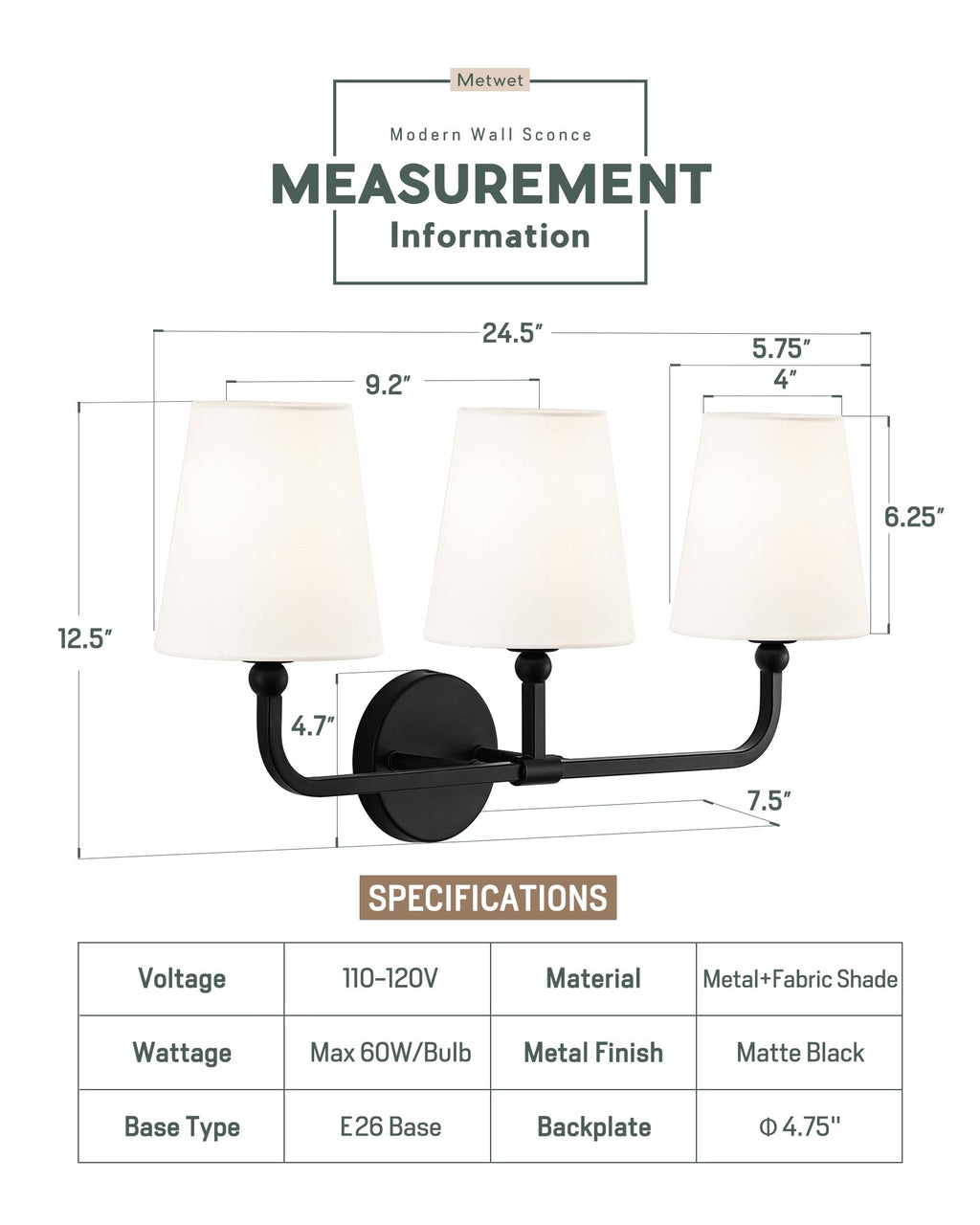 METWET Bathroom Light Fixtures, Matte Black Vanity Lights with Flared White Fabric Shade, 3 Light Wall Sconce, Modern Sconces Wall Lighting for Hallway Bedroom, VL837-MB-3