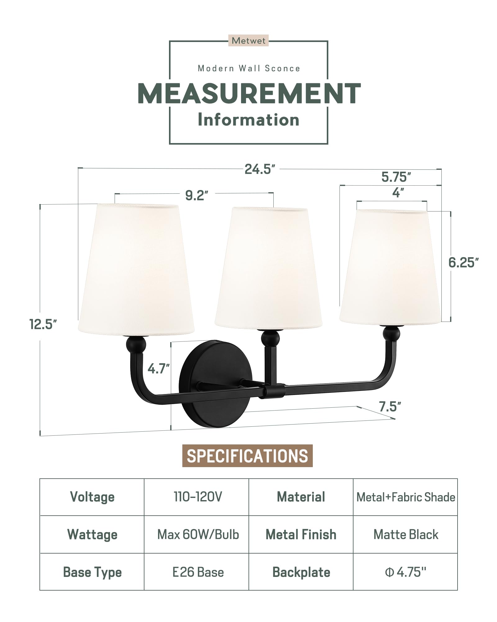 METWET Bathroom Light Fixtures, Matte Black Vanity Lights with Flared White Fabric Shade, 3 Light Wall Sconce, Modern Sconces Wall Lighting for Hallway Bedroom, VL837-MB-3