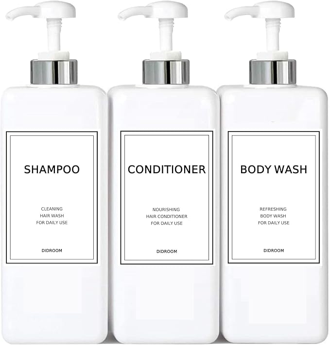 Modern Silver Shampoo and Conditioner Dispenser (21 oz, Pack of 3) Refillable Pump Bottle Set Empty Shower Plastic Bottles with Pump for Bathroom Body Wash Soap and Shower (Sliver&White)