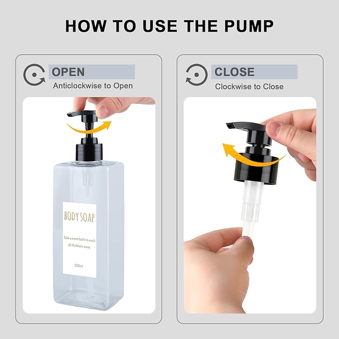 DEROANBOTT Shampoo and Conditioner Dispenser (Set of 2, 16.9oz) Modern Refillable Shampoo Pump Bottles for Shower Soap - Empty Body Wash Dispenser Set for Bathroom (Transparent)