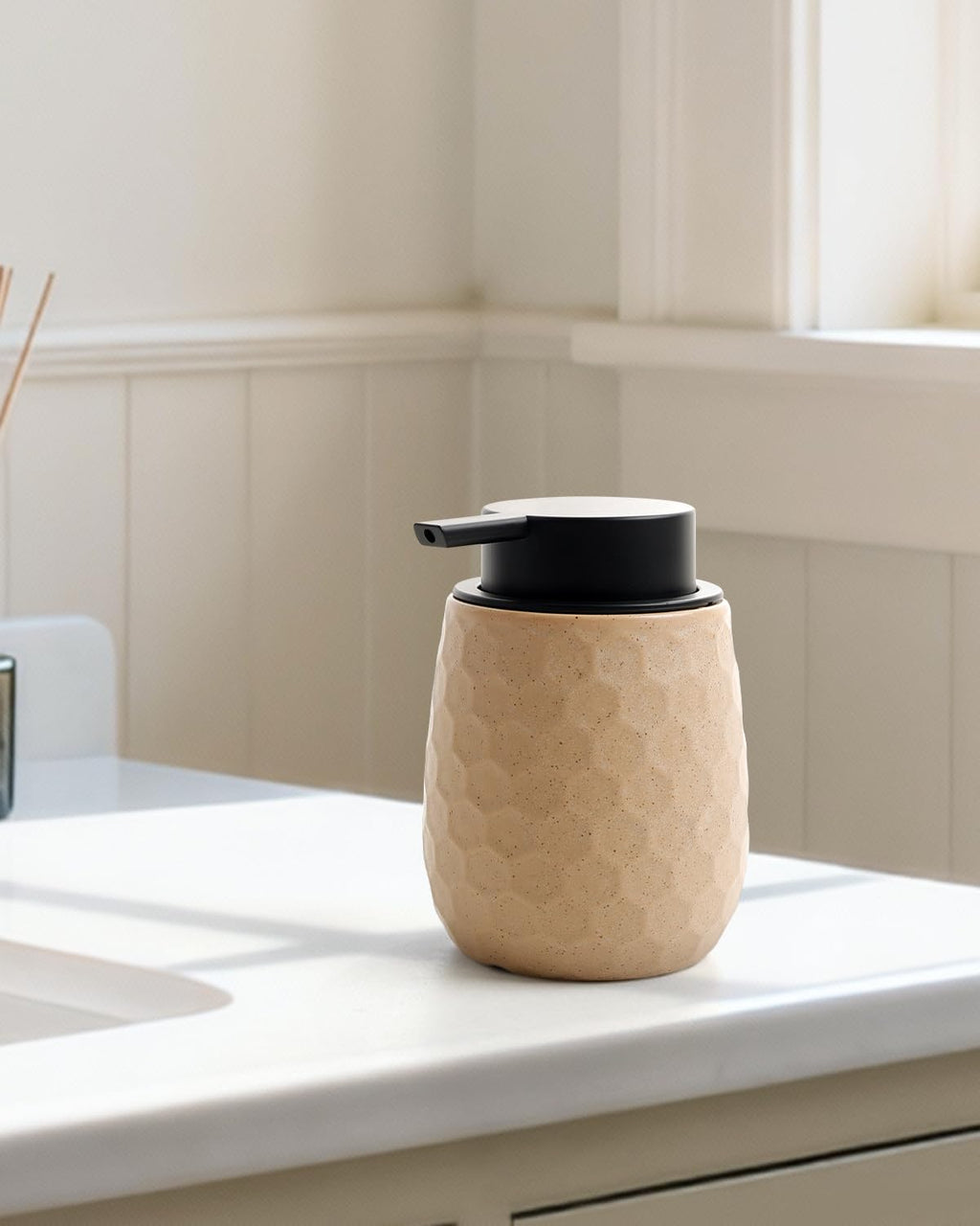 Soap Dispenser, 12OZ Ceramic Liquid Hand Soap Dispenser with Honeycomb Design for Kitchen or Bathroom, Khaki Refillable Dish Lotion Dispenser, ANTIS'S HOME