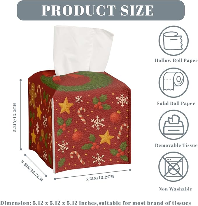 Christmas Tissue Box Cover Funny Cartoon Cute Red Xmas Holly Leather Tissue Box Holder Square Facial Paper Organizer Dispenser for Car Bathroom Bedroom Office Tabletop Decor