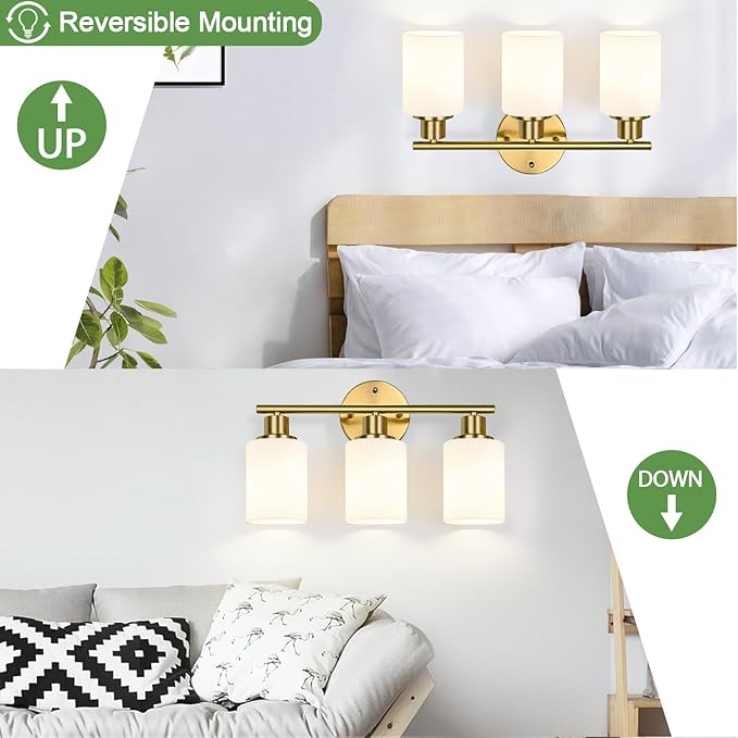 Zarbitta 3-Light Bathroom Light Fixtures, Brushed Gold Vanity Light, Farmhouse Wall Lights with Milky White Frosted Glass Shades, Bathroom Wall Lamp for Mirror Kitchen Bedroom Hallway Living Room