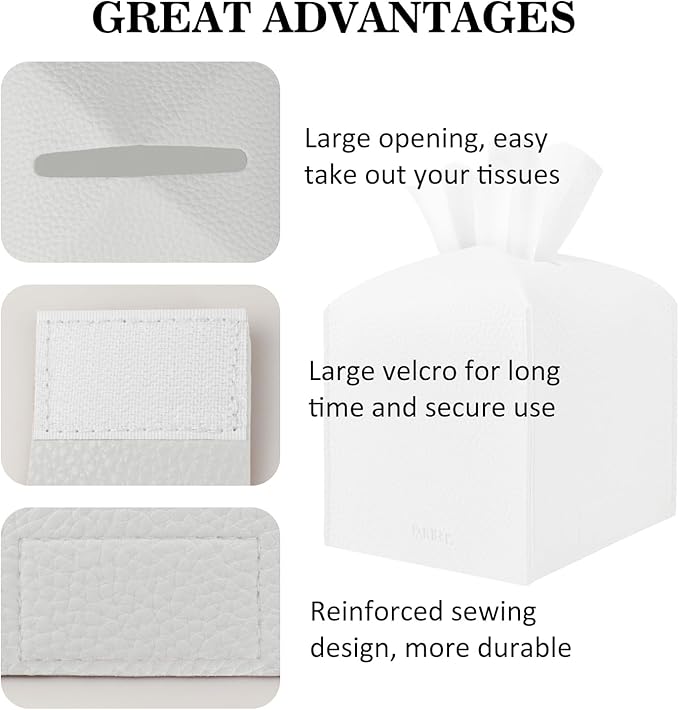 Tissue Box Cover Holder Square Tissue Cube Cover PU Leather Tissue Organizer with Bottom Belt for Bathroom, Tabletop, Car, Night Stands, Office, Home, Kitchen (2, White)