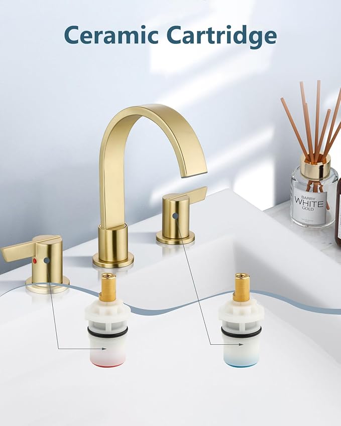 Aolemi Bathroom Faucets 3 Hole,8 Inch Widespread Waterfall Bathroom Sink Faucet,2 Handles Vanity Faucet with Pop-up Drain and Supply Hose,Brushed Gold