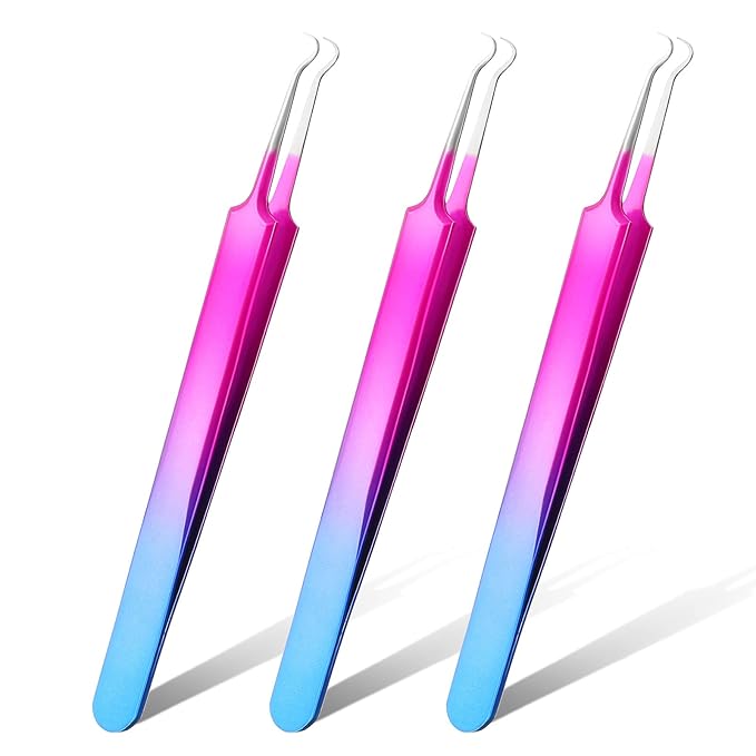 Honoson 3 Pcs Blackhead Tweezer Stainless Steel Pimple Tweezers Tool for Remove Zit Whitehead Pimple Bend Curved Extractor Tweezer Skin Blackhead Remover Tools(Rainbow Color)