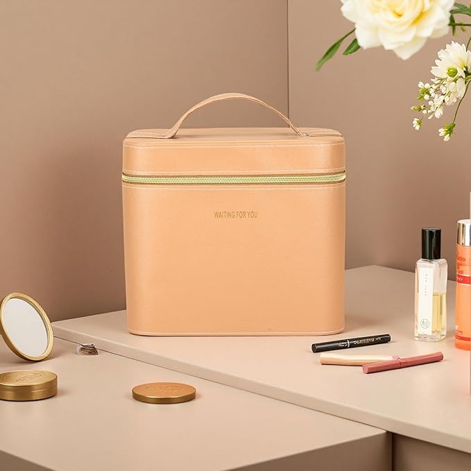 Sluxa Fashion makeup box, Portable leather hard cosmetic case with mirror, Sturdy train case make up box for women adults. (Double- yellow)