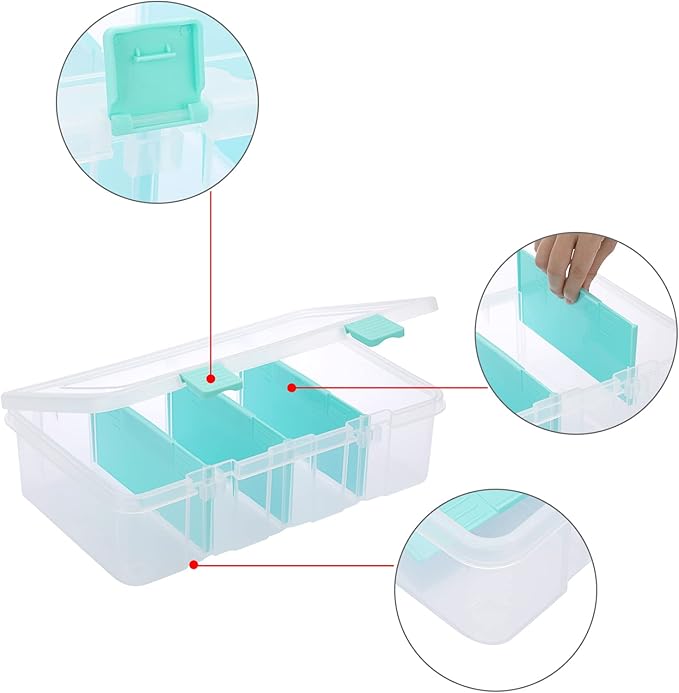 BTSKY Clear Plastic Dividing Storage Box with 4 Compartments Adjustable Storage Bin with Lid Plastic Craft Storage Container Multipurpose Sewing Box Art Supply Organizer, 13.3x8.1x3.4 Inches