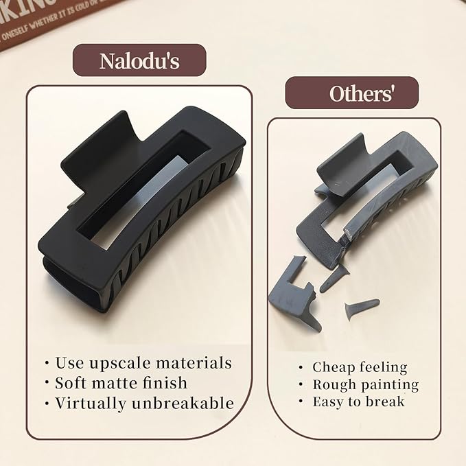 Nalodu Hair Claw Clips Large Square 4 Inch Matte No Slip Big Rectangle Jaw Clip Clamp for Thick Hair Women, 3 Pack Black