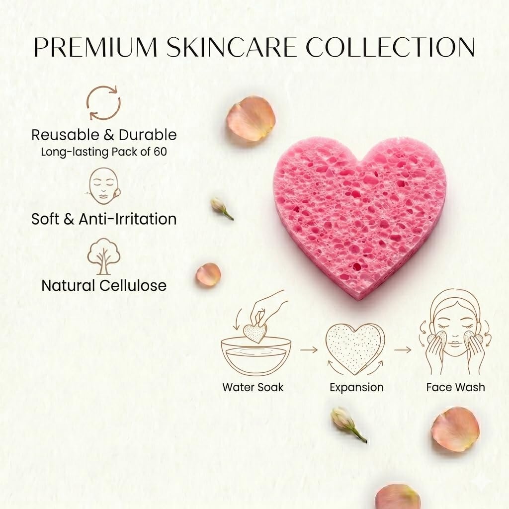 60-Count Compressed Facial Sponges, Makeup Remover Sponge, 100% Natural Cosmetic Spa Sponges for Facial Cleansing, Exfoliating Mask, Face Scrubber