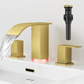 RUMOSE LED Bathroom Faucets Set Brushed Gold 8 inch Bathroom Sink Faucet 3 Hole with Pop Up Drain Widespread Waterfall Vanity Faucet with 3 Colors Light Changing Stainless Steel Deck Mounted