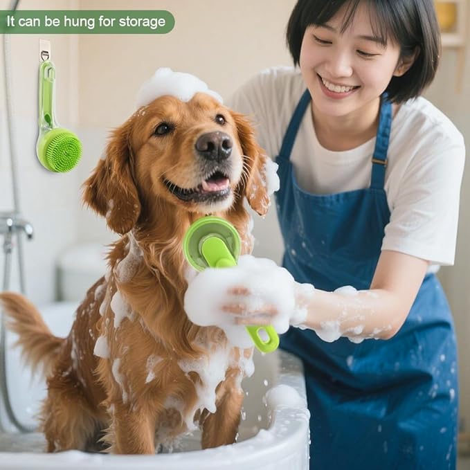 Pet Bath Brush, 2 in 1 Dog Bath Brush with Built-in Shampoo Dispenser, Pet Wash Brush with Double Head Toothbrush, Grooming Massage Brush for Dogs & Cats