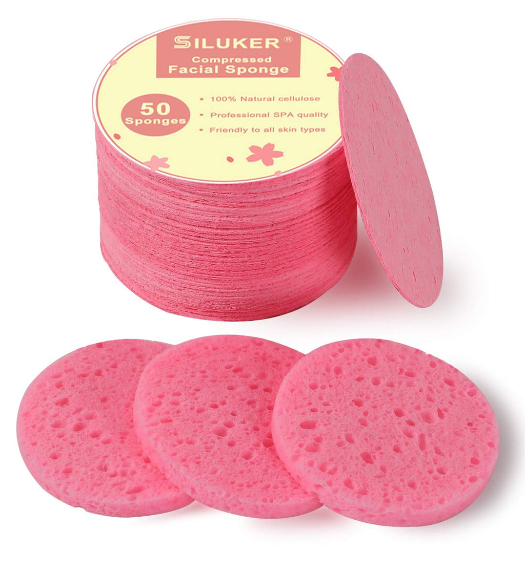 SILUKER 50-Count Compressed Facial Sponges for Daily Face Cleansing, Pink