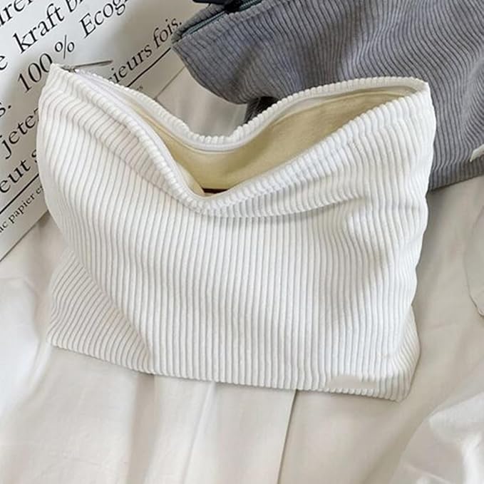 SxoSyo Corduroy Makeup Bags, Cosmetic Pouch for Purse, White