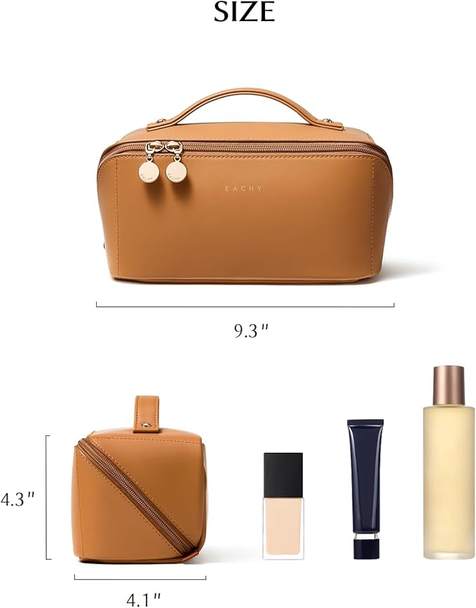 EACHY Travel Makeup Bag, 2.0 Cosmetic Bag for Women, Waterproof PU Leather,Flat Open Portable Toiletry Bag for Skincare, Brushes & Travel Essentials