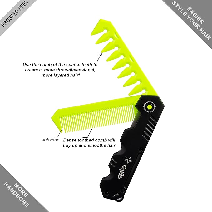 Protable Folding 2 in 1 Hair Comb Dence Tooth Comb Wide Tooth Comb Sparse Styling Pocket for Combing Straight hair Curly Hair Beards Mustaches for Men Barber Hairdresser (Green)
