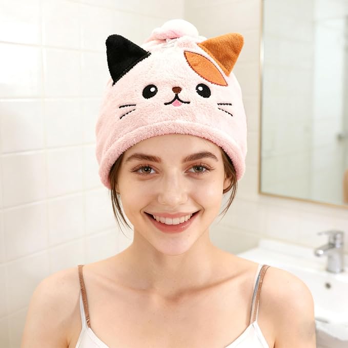 2Pack Microfiber Hair Towel Wrap for Kids, Cute Cat Absorbent Hair Drying Turbans Head Towels for Women Girls (Gray and Light Pink Cat)
