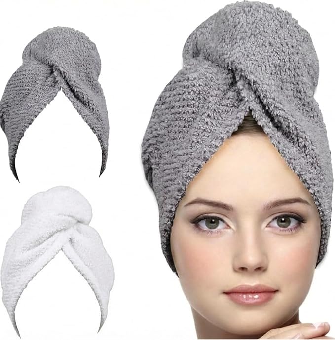 KEEPOZ Hair Towel Wrap Quick Dry 100% Cotton Super Absorbent Turban Head Wrap for Women with Button, Non Microfiber Anti Frizz Hair Products, Hair Cap for Curly