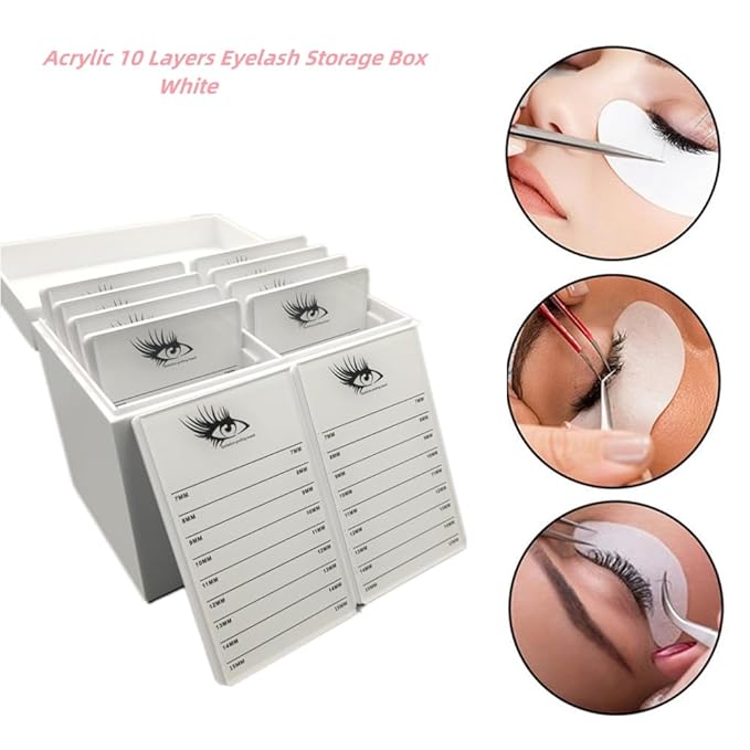 LIXIMMAZN 10 Layers Acrylic Eyelash Storage Box,Eyelash Holder Extension Tool,Makeup Organizer False Eyelashes Glue Pallet Holder, Grafting Eye lashes Close-Packed Display with 10 Pallets (White)